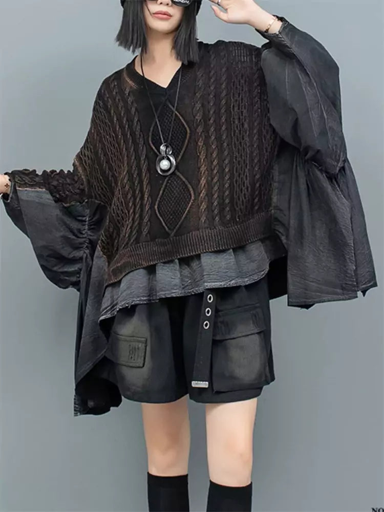 Women's Black Distressed Cable Knit Patchwork Ruffle Hem  Batwing Sleeve Sweater