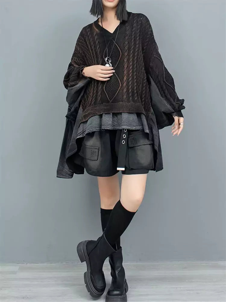 Women's Black Distressed Cable Knit Patchwork Ruffle Hem  Batwing Sleeve Sweater