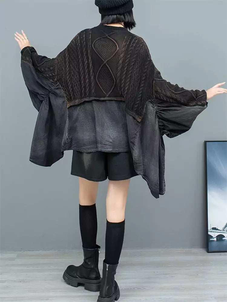 Women's Black Distressed Cable Knit Patchwork Ruffle Hem  Batwing Sleeve Sweater