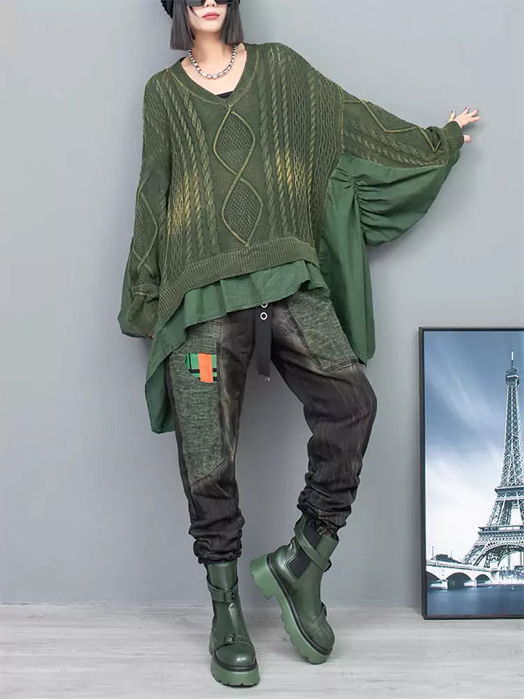 Women's Green Distressed Cable Knit Patchwork Ruffle Hem  Batwing Sleeve Sweater