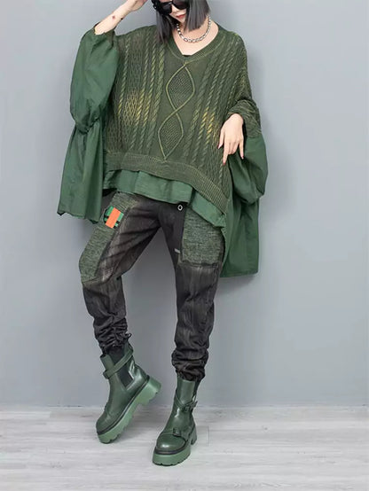 Suéter de mujer con mangas murciélago, dobladillo con volantes y parches de punto trenzado en verde desgastado