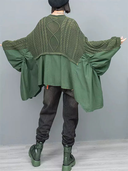 Suéter de mujer con mangas murciélago, dobladillo con volantes y parches de punto trenzado en verde desgastado