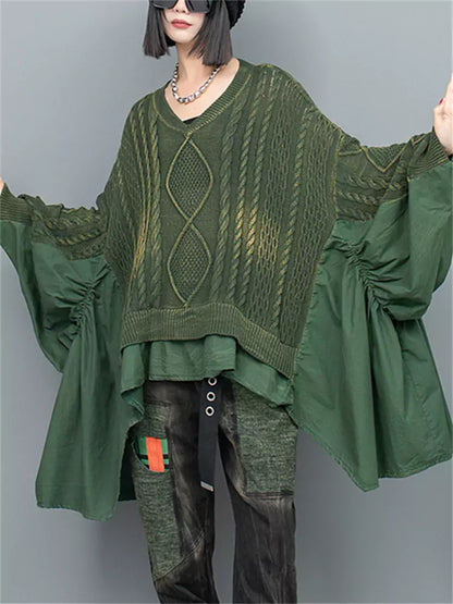 Suéter de mujer con mangas murciélago, dobladillo con volantes y parches de punto trenzado en verde desgastado