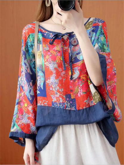 Chiffonbluse im Ethno-Stil für Damen mit Bindeband vorne, lockerer Passform und Fledermausärmeln