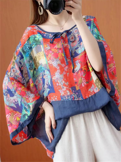 Chiffonbluse im Ethno-Stil für Damen mit Bindeband vorne, lockerer Passform und Fledermausärmeln