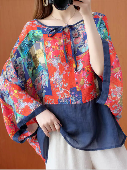 Chiffonbluse im Ethno-Stil für Damen mit Bindeband vorne, lockerer Passform und Fledermausärmeln