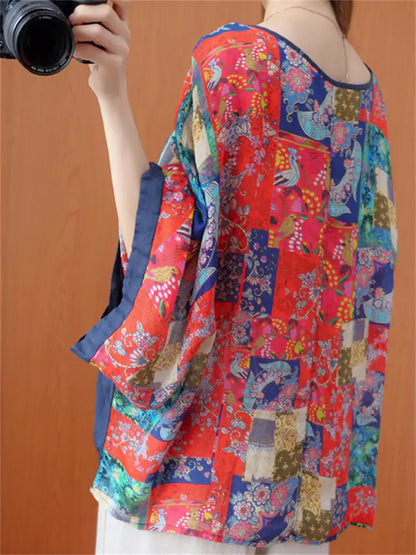 Chiffonbluse im Ethno-Stil für Damen mit Bindeband vorne, lockerer Passform und Fledermausärmeln