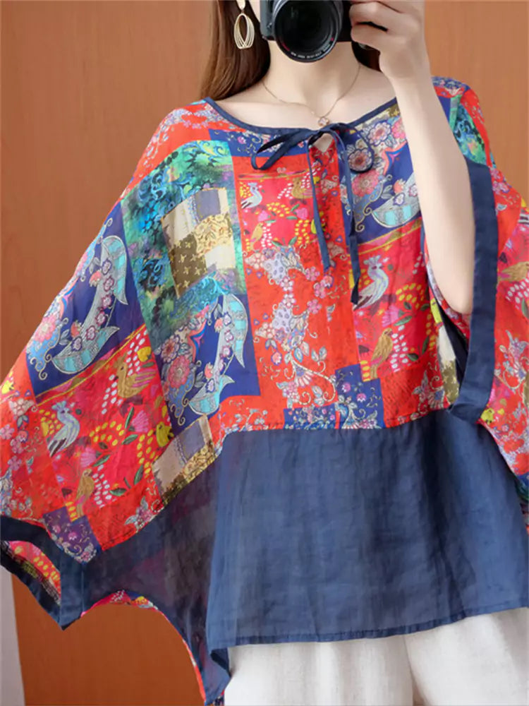 Women's Ethnic Style Chiffon Tie Front Loose Fit Batwing Sleeve Blouse