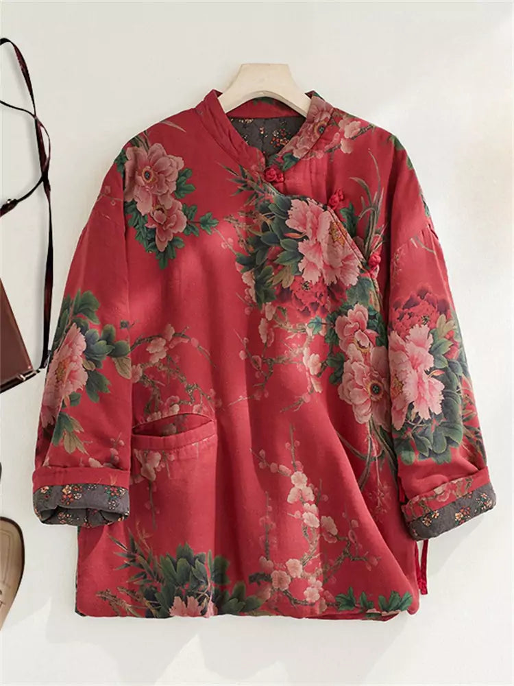 Women's Ethnic Style Vintage Floral Loose Fit Cotton Padded Coat