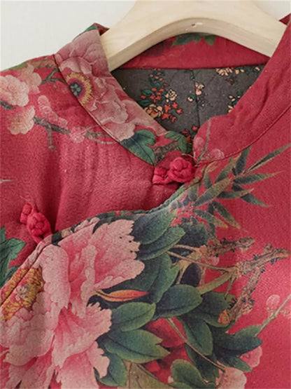 Damenmantel im Ethno-Stil mit Vintage-Blumenmuster, lockerer Passform, wattiert, aus Baumwolle