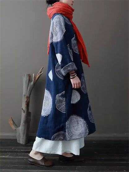 Damenkleid im Ethno-Stil mit Print, Vintage-Fleecefutter aus Baumwoll-Leinen.