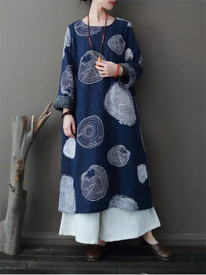 Damenkleid im Ethno-Stil mit Print, Vintage-Fleecefutter aus Baumwoll-Leinen.