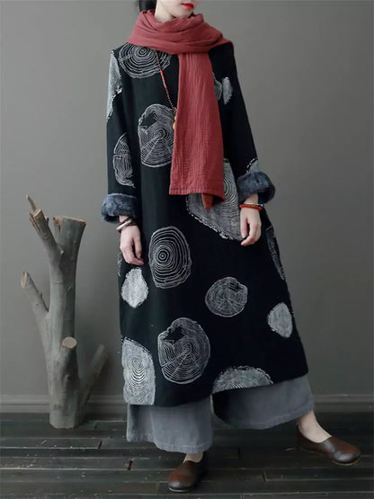 Damenkleid im Ethno-Stil mit Print, Vintage-Fleecefutter aus Baumwoll-Leinen.