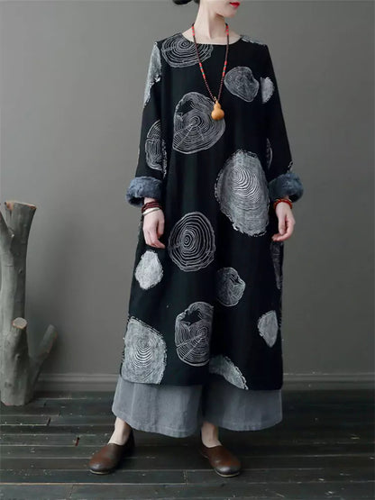 Damenkleid im Ethno-Stil mit Print, Vintage-Fleecefutter aus Baumwoll-Leinen.
