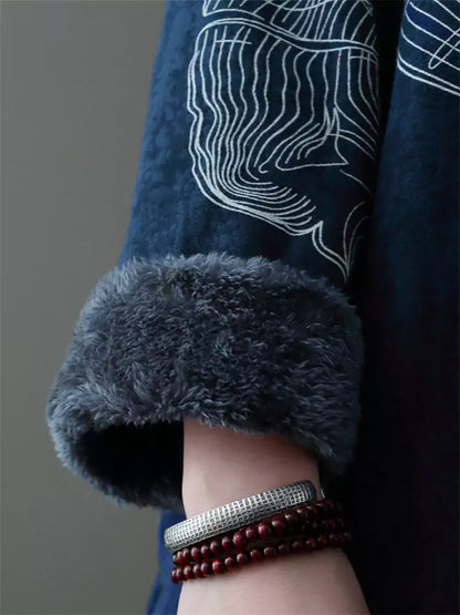 Damenkleid im Ethno-Stil mit Print, Vintage-Fleecefutter aus Baumwoll-Leinen.