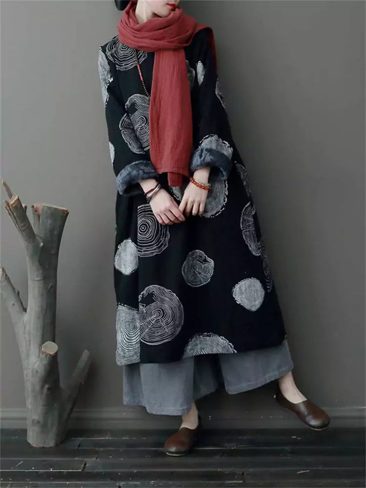 Women's Ethnic Style Printed Vintage Fleece Lined Cotton Linen Dress