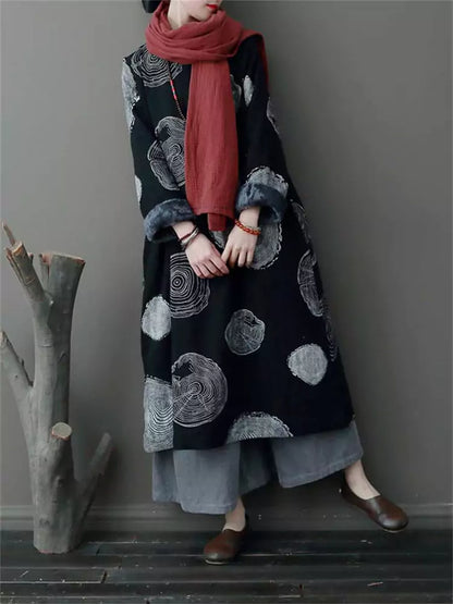 Damenkleid im Ethno-Stil mit Print, Vintage-Fleecefutter aus Baumwoll-Leinen.