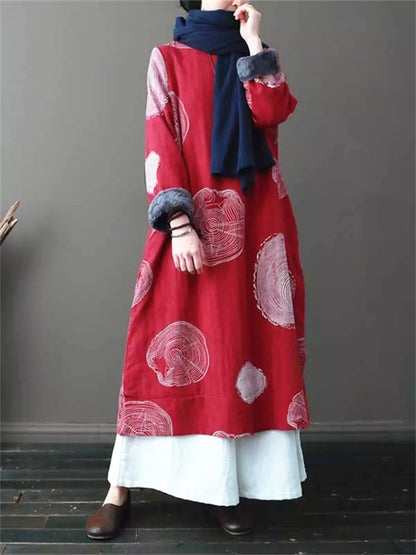 Damenkleid im Ethno-Stil mit Print, Vintage-Fleecefutter aus Baumwoll-Leinen.