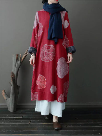 Damenkleid im Ethno-Stil mit Print, Vintage-Fleecefutter aus Baumwoll-Leinen.