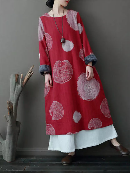 Damenkleid im Ethno-Stil mit Print, Vintage-Fleecefutter aus Baumwoll-Leinen.