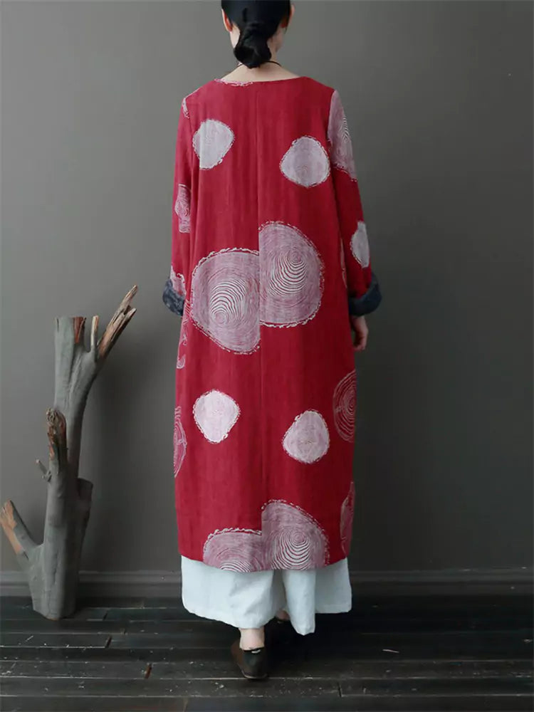 Women's Ethnic Style Printed Vintage Fleece Lined Cotton Linen Dress