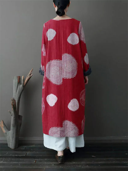 Damenkleid im Ethno-Stil mit Print, Vintage-Fleecefutter aus Baumwoll-Leinen.