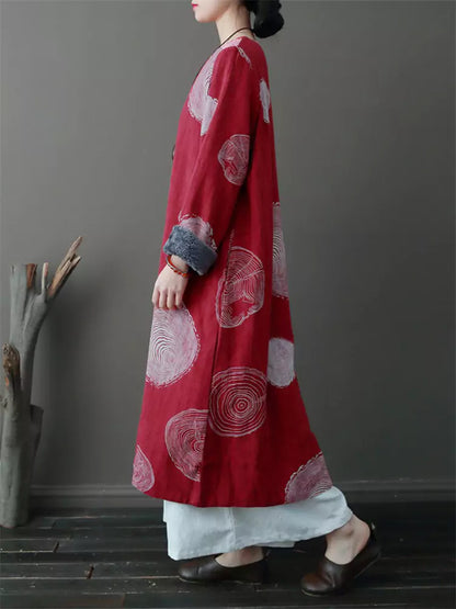 Damenkleid im Ethno-Stil mit Print, Vintage-Fleecefutter aus Baumwoll-Leinen.