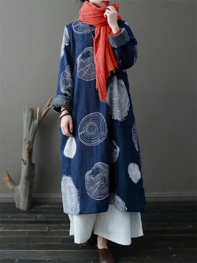 Women's Ethnic Style Printed Vintage Fleece Lined Cotton Linen Dress