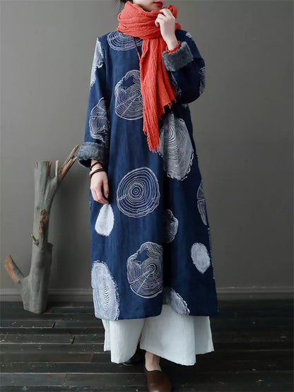 Damenkleid im Ethno-Stil mit Print, Vintage-Fleecefutter aus Baumwoll-Leinen.