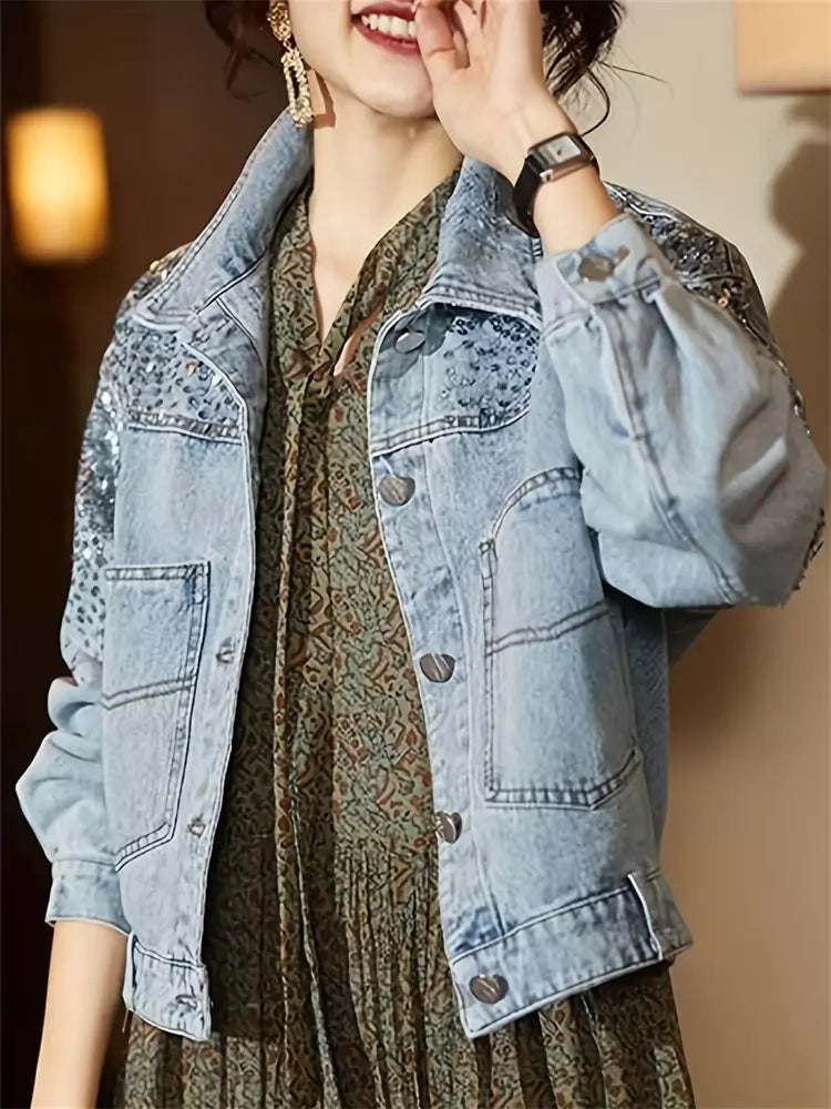Women's Fashion Sequin Cropped Loose Fit Denim Jacket