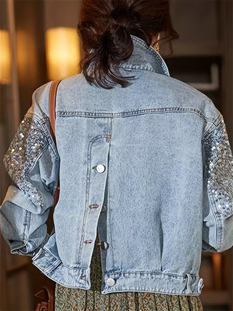 Women's Fashion Sequin Cropped Loose Fit Denim Jacket