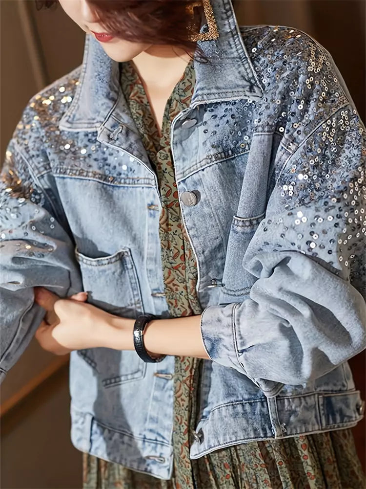 Women's Fashion Sequin Cropped Loose Fit Denim Jacket
