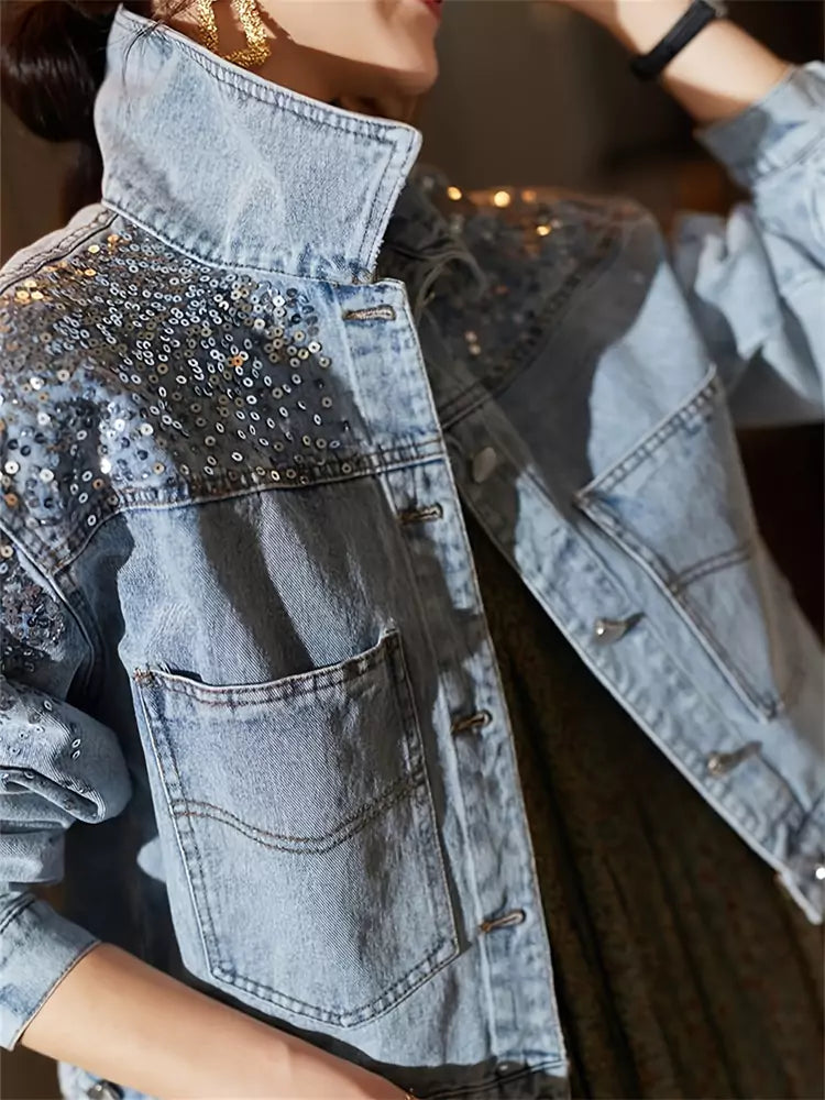 Women's Fashion Sequin Cropped Loose Fit Denim Jacket