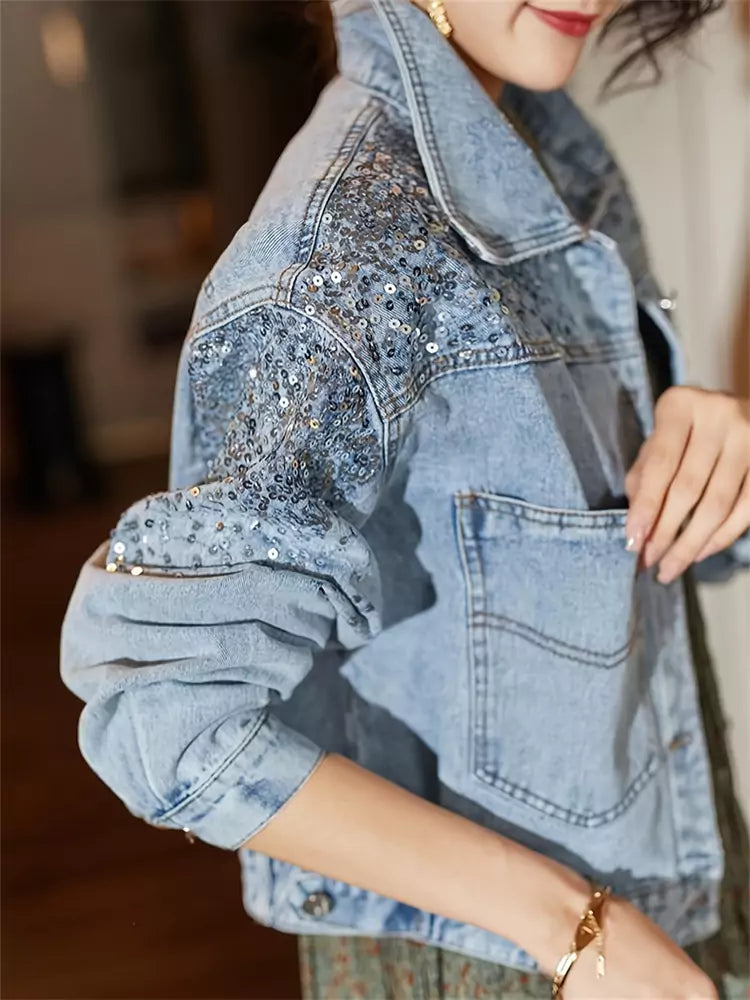 Women's Fashion Sequin Cropped Loose Fit Denim Jacket