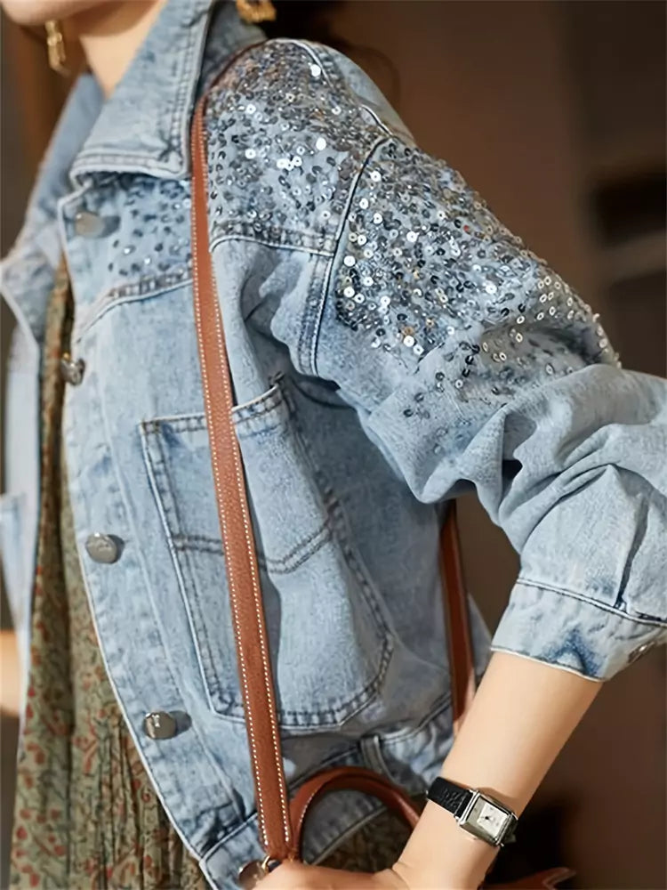 Women's Fashion Sequin Cropped Loose Fit Denim Jacket