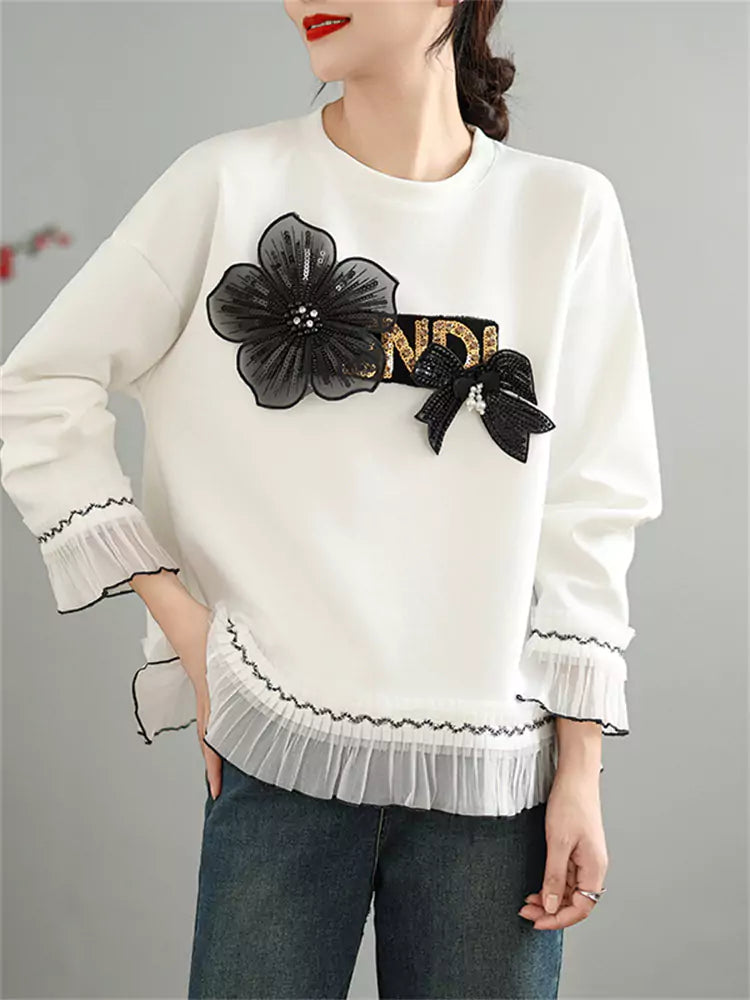 Women's Floral Lace Patchwork Black Long Sleeve Sweatshirt