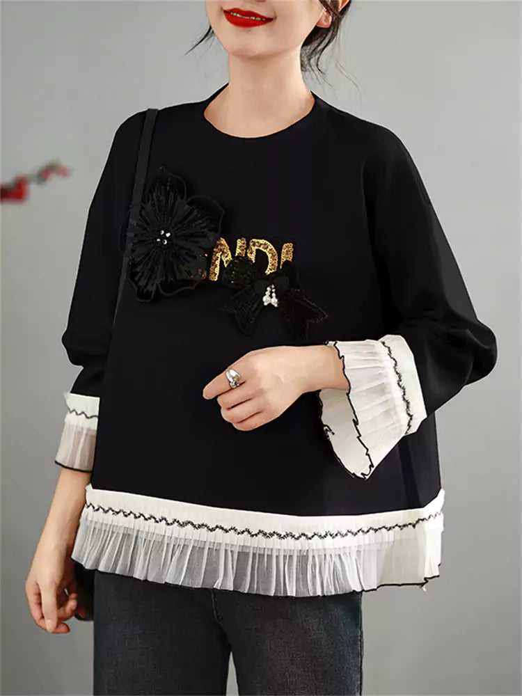 Women's Floral Lace Patchwork Black Long Sleeve Sweatshirt