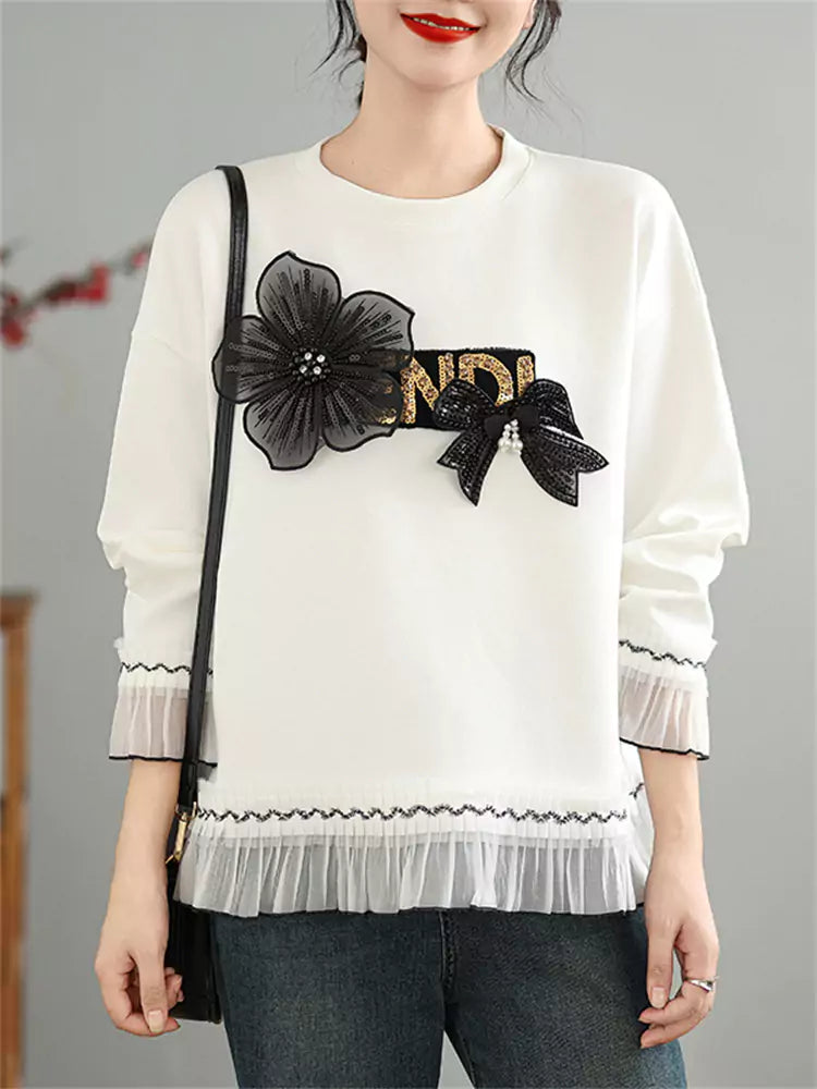 Women's Floral Lace Patchwork White Long Sleeve Sweatshirt