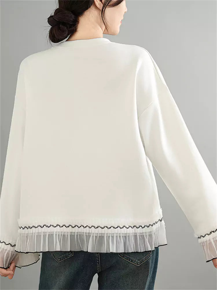 Women's Floral Lace Patchwork White Long Sleeve Sweatshirt