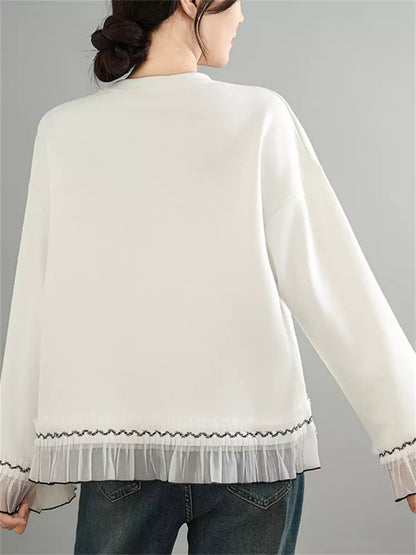 Sudadera negra de manga larga con patchwork y encaje floral para mujer