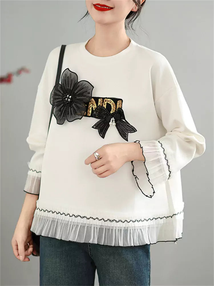Women's Floral Lace Patchwork White Long Sleeve Sweatshirt