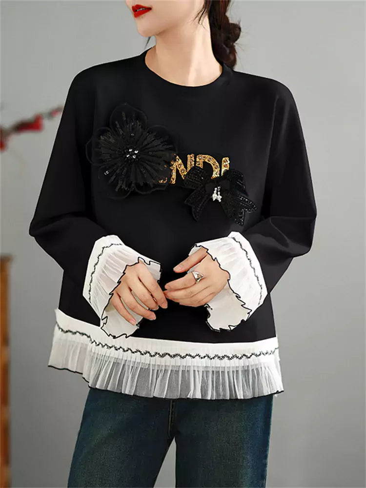 Women's Floral Lace Patchwork Black Long Sleeve Sweatshirt