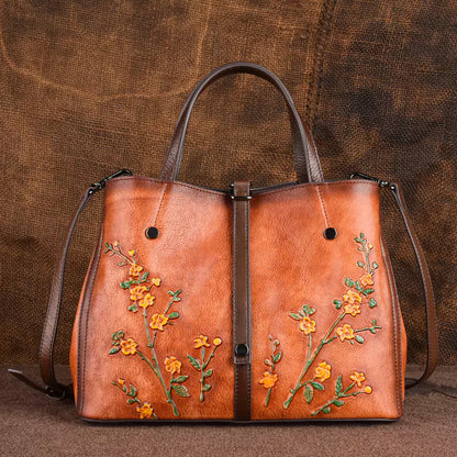 Women's Genuine Leather Vintage Floral Distressed Tote Bag