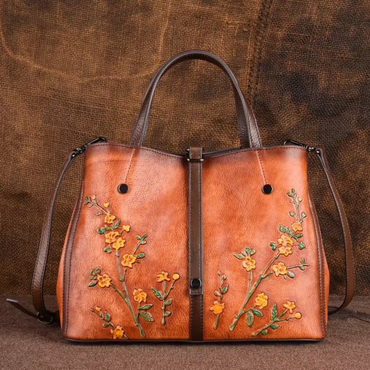 Women's Genuine Leather Vintage Floral Distressed Tote Bag