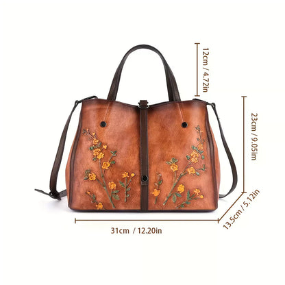 Women's Genuine Leather Vintage Floral Distressed Tote Bag
