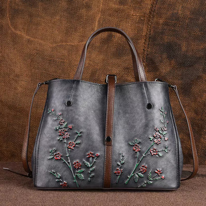Women's Genuine Leather Vintage Floral Distressed Tote Bag