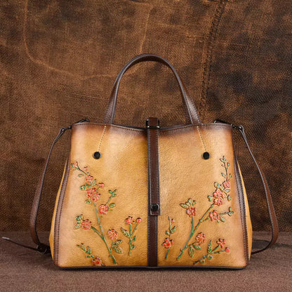 Women's Genuine Leather Vintage Floral Distressed Tote Bag