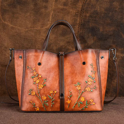 Women's Genuine Leather Vintage Floral Distressed Tote Bag