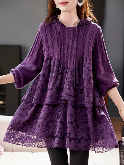 Women's Hooded Lace Trim Long Sleeve Sweater