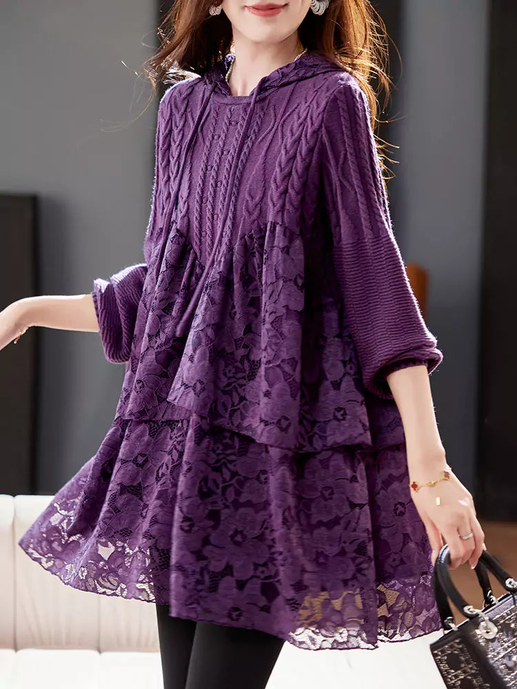 Women's Hooded Lace Trim Long Sleeve Sweater